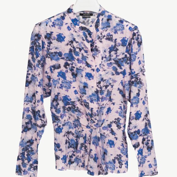 Isabel Marant Fidaje Blue Floral-Print Silk Crepe De Chine Gathered Blouse - Picture 2 of 10